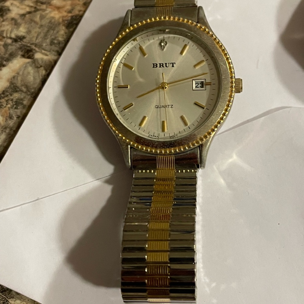 Mens Vintage Brut Watch Silver & Gold Color with Stretchy band stone inside